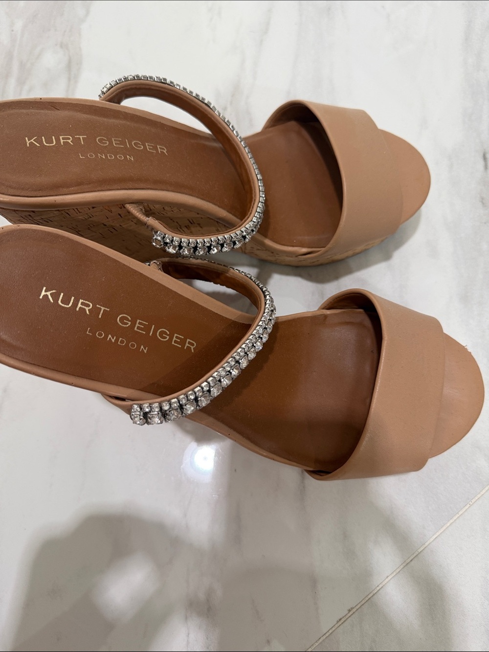 Kurt Geiger Tan Wedge Sandals with Crystal Straps - Picture 2 of 7